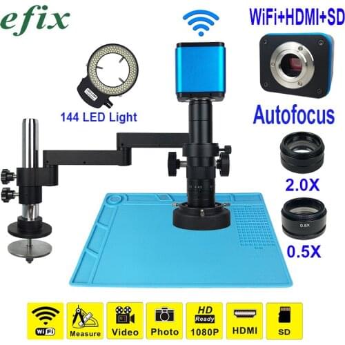 WiFi HDMI Auto Focus Digital Camera With Software Rotate Arm Stand LENS Microscope 144 LED Light for Cell Phone Soldering Repair