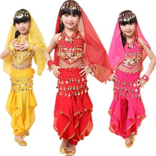 Child belly dance set dance clothes dance india costume performance wear 5pcs Top&Pant&Belt&Headband&Bracelet,3 colors.VL-K3