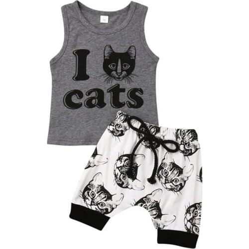 Emmababy 2019 Baby Boys Clothes Set Newborn Summer Baby Cat Outfits Infant Clothing Vest+Shorts Toddler Kids Suit 2pcs 0-2T