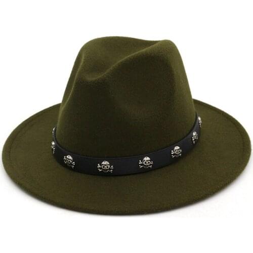 European US Wool Felt Jazz Fedora Hats Leather Skull Rivet Decorated Trilby Sombrero Flat Brim Panama Formal Cap for Men Women
