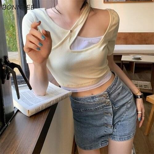 T-shirts Women Summer New Fashion Slim Comfortable Hollow Out All-match Fit Korean Style Solid Female Sexy Crop Tops Temperament