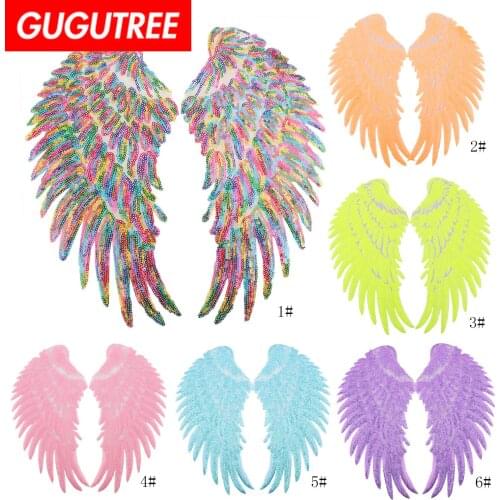 GUGUTREE sequined embroidery big wings patch cartoon patches badges applique patches for clothing JW-175