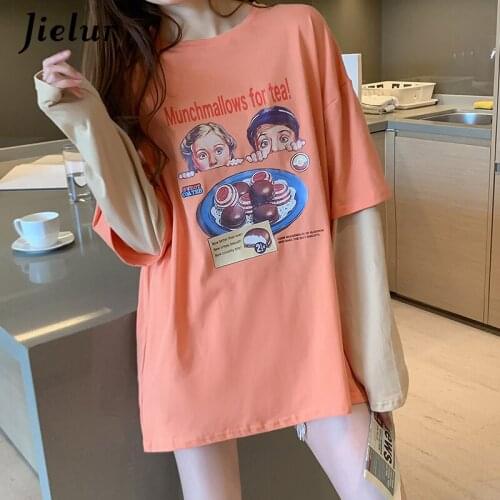 Jielur 2021 Basic Cartoon Print T-shirt M-XXL Fashion Patchwork Fake 2 Piece Woman T-shirts 6 Color Tops O-Neck Tee Shirt Women