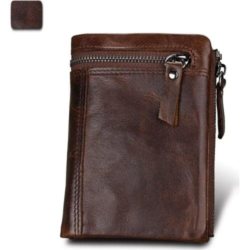 New Men Short Wallet Genuine Cowhide Leather Men Wallets Double Zipper Purse Coin Pockets Anti RFID Card Holders Wallet
