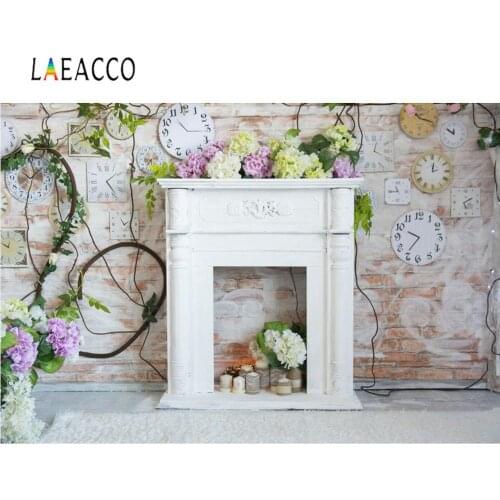 Laeacco Spring Flowers Gray Fireplace Clock Vine Cozy Decor Baby Interior Photography Background Photo Backdrop For Photo Studio