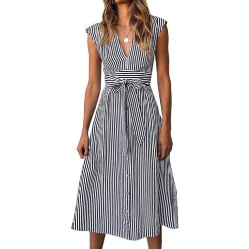 80% Hot Sell Summer Solid Color Striped Women V Neck Sleeveless Belted Buttons Midi Dress