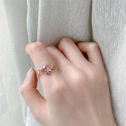 MENGJIQIAO Korean Pink Waterdrop Crystal Delicate Zircon Adjustable Rings For Women Micro Pave Butterfly Finger Ring Jewelry
