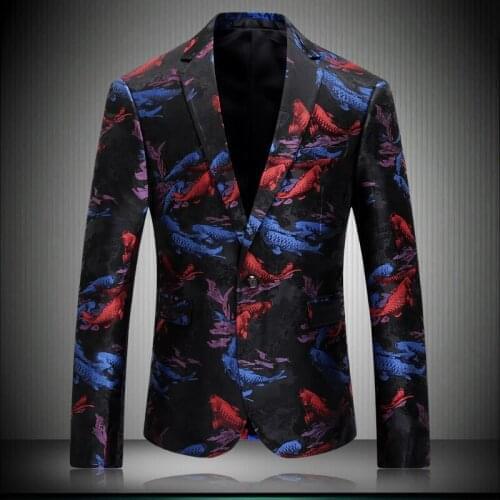 Men 2020 New Casual Spring Autumn Slim Fit Mens Printed Chinese Fish Blazer Brand Party Prom Blazers Stage Wear 8650