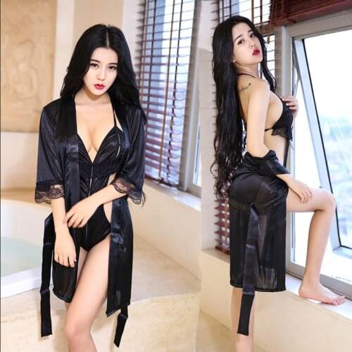 New Hot women Sexy lingerie hot black lace satin Kimono + babydoll lingerie porn Sleepwear Robe Sexy evening dress sexy costumes