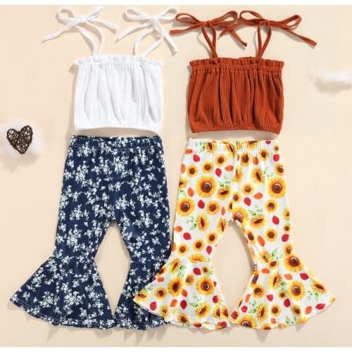 1-6Y Kids Girls Clothing Sets Summer Casual Baby Girls Clothes Floral Printed Sleeveless Top+Flare Pants Children Clothes Suits