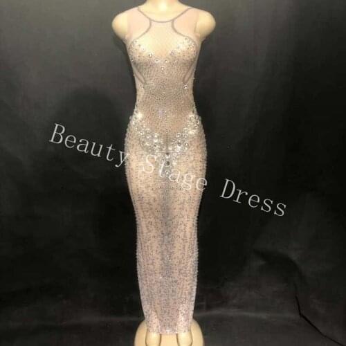 Luxurious Silver Crystals Mesh Dress Glisten Evening Perspective Dress Womens Prom Birthday Celebrate Long Dresses