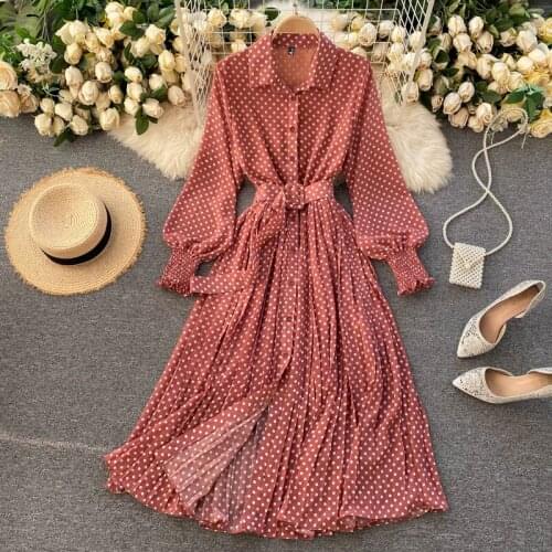 Women Fashion Long Lantern Sleeve Turn-down Collar Polka Dot Print Chiffon Pleated Dress Slim Waist Casual Shirts Vestidos