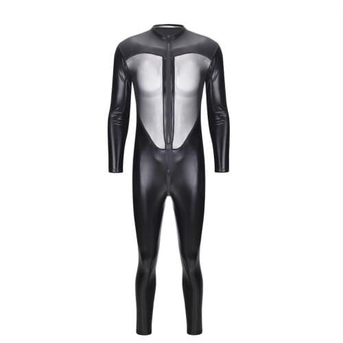 Sexy Faux Leather and Mesh Mens Sheer Catsuit Jumpsuit Long Sleeves Funny Bodysuit Extoic Night Club Wear Male Sexy Lingeries