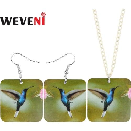 WEVENI Acrylic Square Blue Hummingbird Jewelry Sets Animal Bird Earrings Necklace For Women Girls Kids Gifts Birthday Decoration