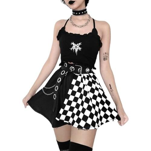 2021 Summer Womens Mini Skater Skirt Casual High Waist Checkerboard Print Color Block Flared Skirt