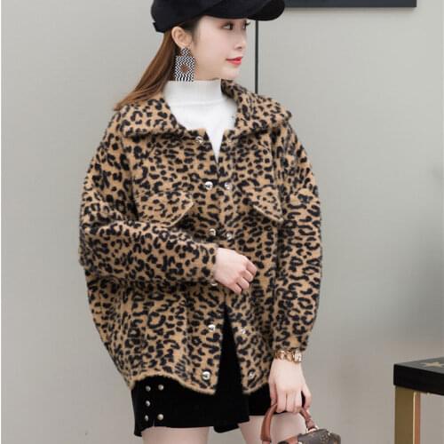 Leopard Printed Faux Fur Coat Women Mink Jacket 2021 New Autumn and Winter Loose Thick Bat Sleeve Korean Sweater Cardigan f201