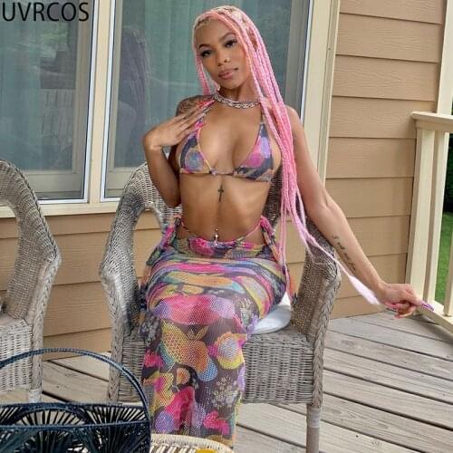 UVRCOS Dress Sets Skirts Womens Summer Stylish Tie Dye Printing Fishnet Hole Breathable Womens Beach Outings 2021 Two Piece Set