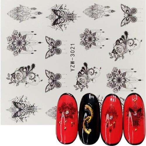 1pcs Flower Slider Nail Sticker Water Transfer Black Floral Butterfly Decals Nail Art Tattoo Manicure Wraps Accessories
