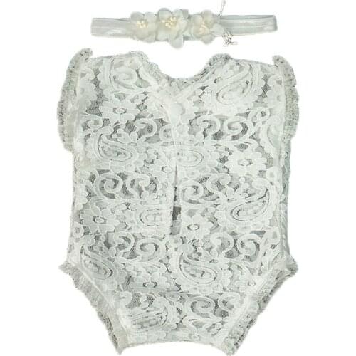 23GD 2 Pcs Newborn Photography Props Lace Headband Romper Kit Photo Shooting Outfit