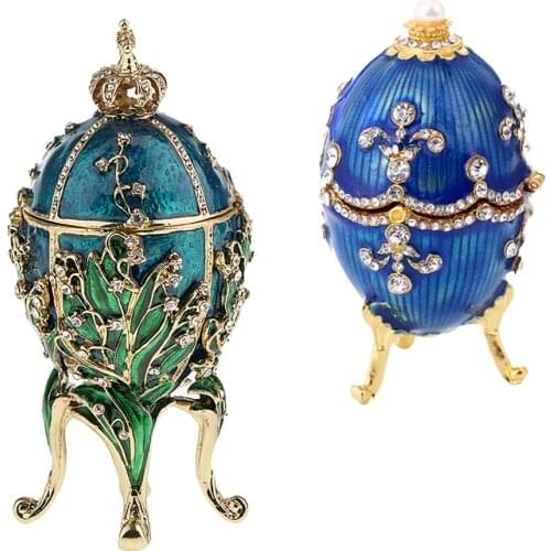 2Pcs Crystal Easter Faberge Egg Jewelry Box Earrings Russian Trinkets Case