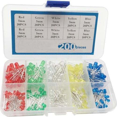 200PCS/Lot 3MM 5MM Led Kit With Box Mixed Color Red Green Yellow Blue White Light Emitting Diode Assortment 20PCS Each New