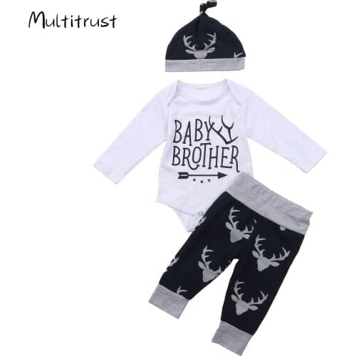 2020 Infant Boys Clothes Outfits Sets Letter Printed Long Sleeve Bodysuit Top + Long Pant + Beanie Cap 3pcs