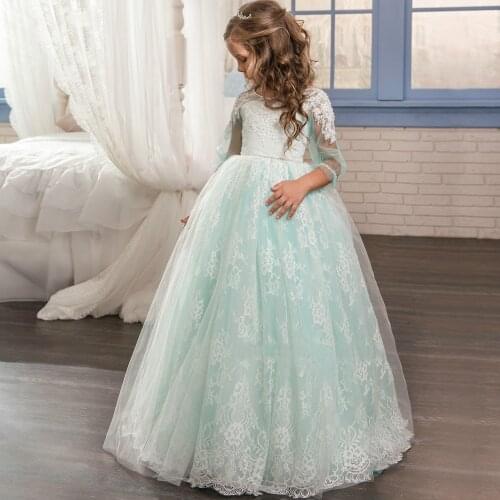 Flower Girl Dresses Formal Appliques O-neck Long Sleeves Ball Gown Sheer Lace First Communion Gown Pageant Dresses