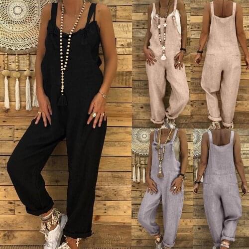 Women Jumpsuits Vintage Cotton Linen Playsuits Loose Bib Pant Overalls Strappy Dungarees combinaison femme Summer Casual Rompers