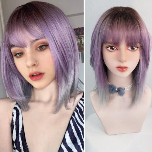 HUAYA Lolita Mixed Pink Blue Ombre Bob Curly Buns Bangs Short Synthetic Hair Cosplay Wig Heat Resistant Hair