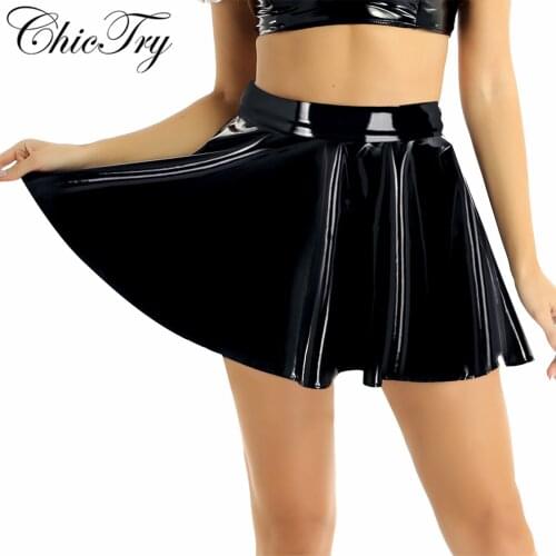 Fashion Womens Female Nightwear Wet Look PU Leather High Waist Casual Fashion Flared Pleated A-Line Circle Mini Skater Skirt