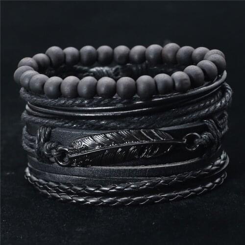 Fashion Trendy Black Feather Vintage Multilayer Leather Men Bracelet Braided Femme Homme Bead Wrap Women Bracelets Jewelry