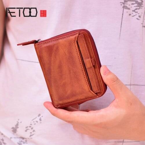 AETOO Mens short first layer leather wallet, mens retro wallet, zipper casual youth small wallet
