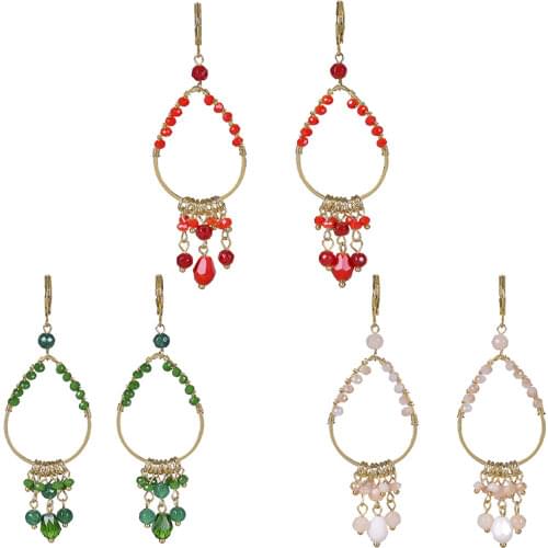 Womens long earrings electroplated genuine gold water drop crystal pearl stone hand woven elastic clasp Earrings manufacturer