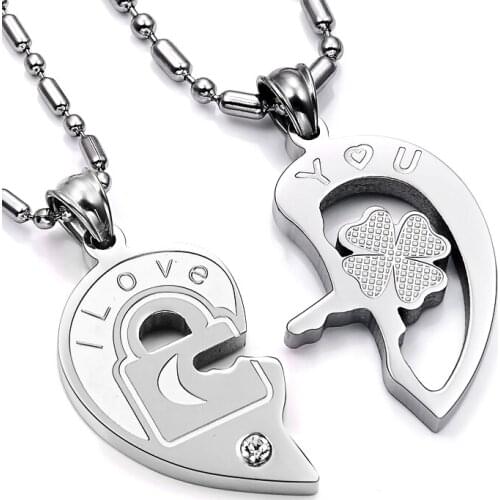 Fashion Valentine "Love You" lock and key couples necklaces Titanium Stainless Steel Heart Necklaces For Women Men (One Pair)