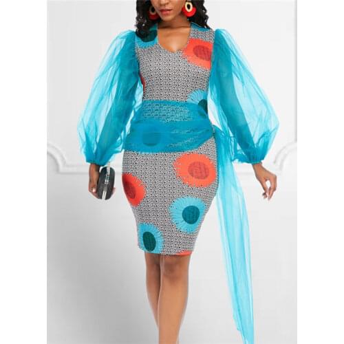 Sexy Bodycon Dress Printed Sunflower Dress Mesh Sleeves Sashes Party Club Vestido Feminino 2020 New African Dresses for Women