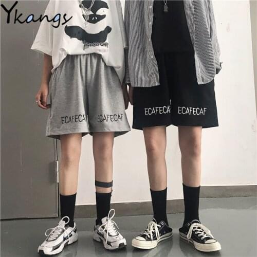 Letter Print Embroidered Baggy Wide Leg Summer Vintage Shorts for Women Elastic High Waist Loose Casual Sport Shorts for Running