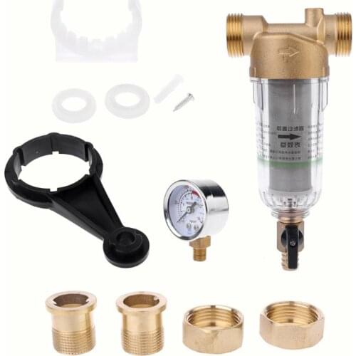 Water Pre Filter System 3/4" 1" Brass Mesh Prefilter Purifier with Pressure Gauge Reducer Adapter T5UC