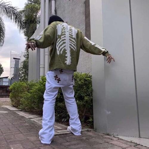 Green Loose Skeleton Bone Printing Sweater Men Woman Good Quality High Street Damage Hole Vintage 1:1 Knit Sweater
