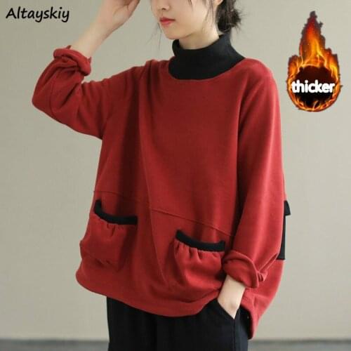 Sweatshirts Women Thicker Patchwork Loose Artistic Pullover Daily Turtleneck All-match Vintage Classic Clothes for Teens Pockets
