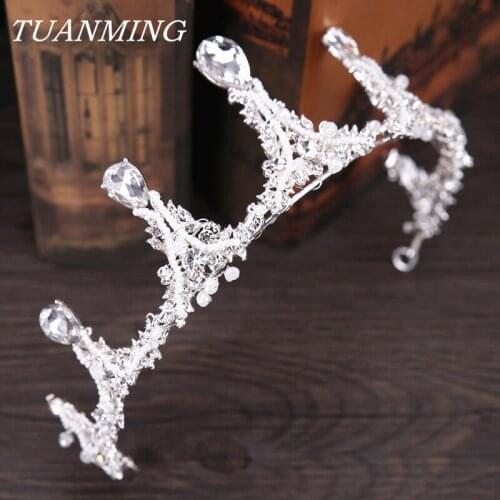 Silver Color Crystal Pearl Baroque Diadem Tiara Queen Princess Crown Hair Jewelry Bridal Accessories Headpieces For Womens Hair