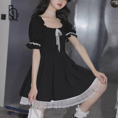 Luck A Kawaii Mini Dress Women Summer 2021 Black Short Sleeve Japanese Sweet Cute Casual Dress College Bow Lace Goth Lolita