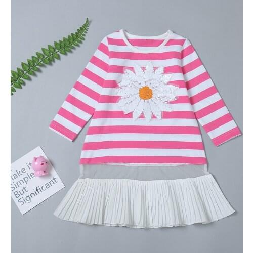 In 2020, the new American autumn girls' dress, striped girls fashion skirt, and long sleeve flower girls dress