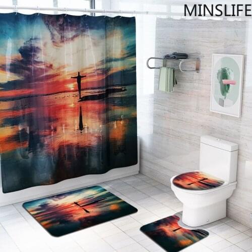 Lonely Sunset By The Sea Printed Waterproof Polyester 3D Shower Curtain Set Rug Set Non-Slip Carpet Bath Curtains Mat Home Decor