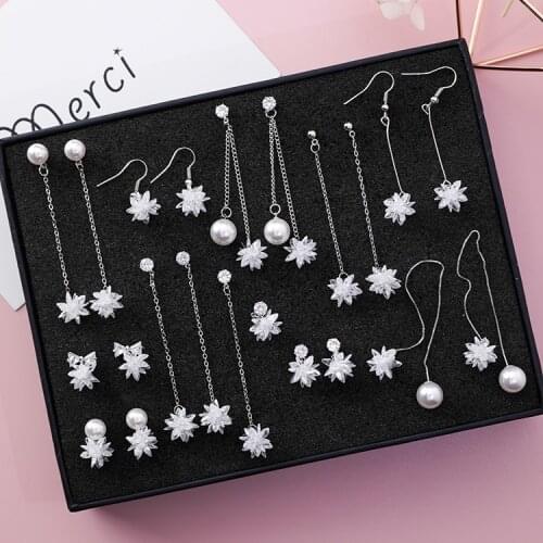 11COLOR Fashion jewelry simple bow zircon crystal from Swarovskis ice earrings pearl snowflake earrings temperament asymmetry