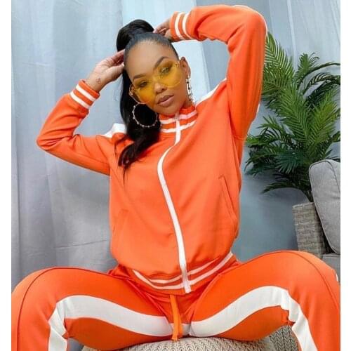 Womens 2 Piece Outfits, Long Sleeve Stand Collar Striped Cold Shoulder Jacket and Slit Hem Pants Set