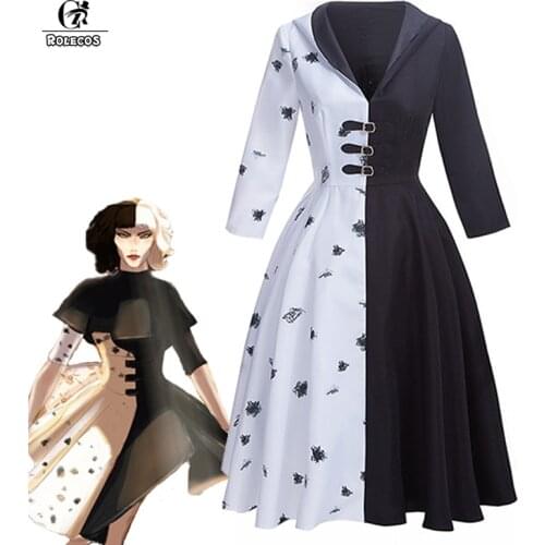 ROLECOS Anime Cruella Cosplay Costume for Women Halloween Dress Estella De Vil Gown Black White Polka Dot Maid Dress Hoodie