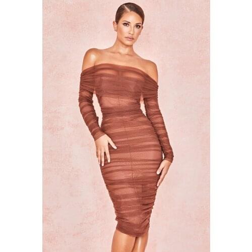 Deiveteger lady ruched mesh sexy slash neck long sleeve women bandage dress bodycon pencil winter party brown black club dress