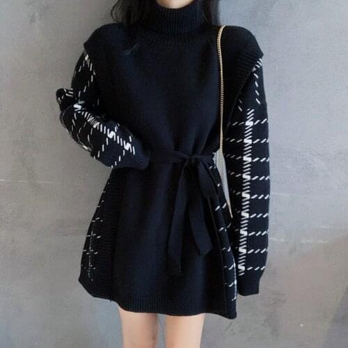Turtleneck Drawstring Slim Waist Design Pullover 2021 Autumn Long Sleeve Sweater Dress Tide Chic Fake Two Piece Women Tops