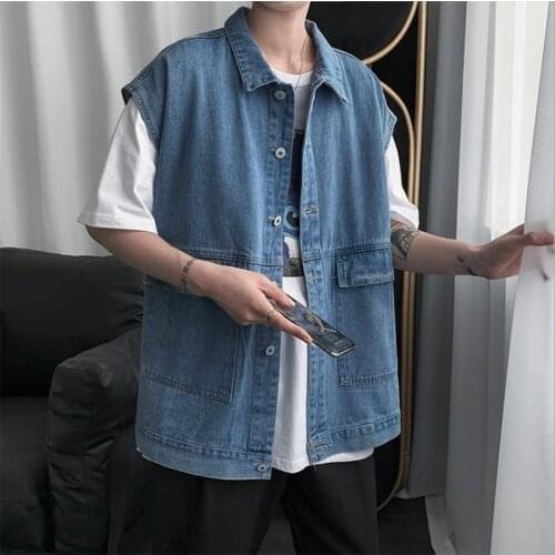 2021 New Mens Denim Vest Fashion Casual Classic Style Loose Waistcoat Vest Jean Jacket Coat Male Blue Black Sleeveless Jacket