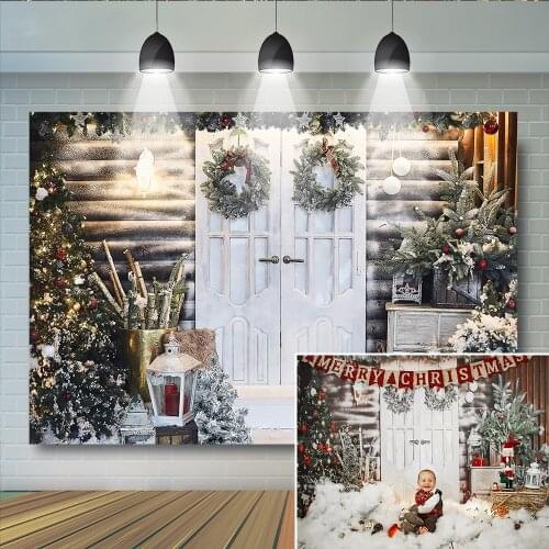 White Christmas Wood Door Backdrop Kids Family Photography Banner Wreath Light Trees Snowy Props Birthday Baby Photostudio
